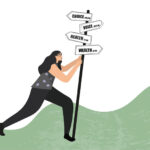 Cartoon graphic showing a woman struggling with a signpost labelled Choice 600miles, Voice 1023 miles, Health 27 miles, Wealth 92 miles, pointing in opposing directions