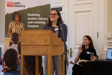 CEO of Anti-Slavery International Jasmine O'Connor OBE speaking at the Annual Supporter Conference in 2022